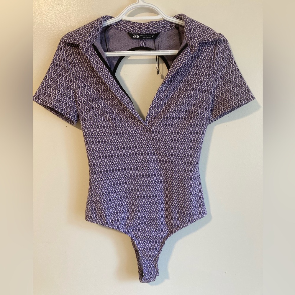 Zara Purple Printed Body Suit Snap Closure Women’s XS Extra Small *NWOT*